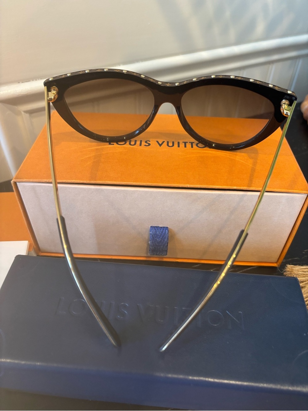 Louis Vuitton brown cat-eye sunglasses with gold stud accents. - Picture 7 of 12